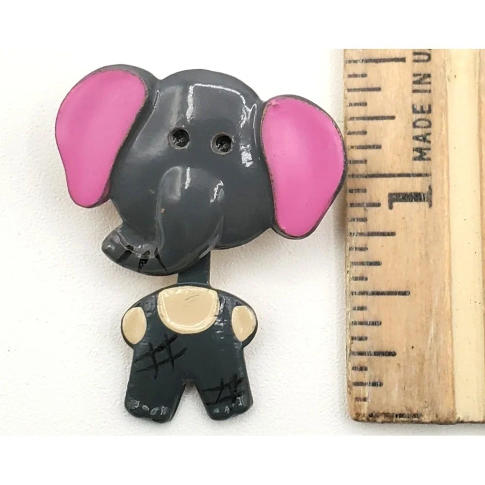 Vintage Dumbo The Elephant Pink & Grey Enamel Articulating Head Brooch Pin Korea